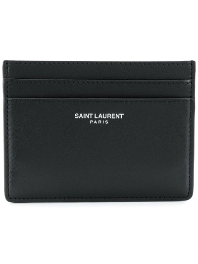 Saint Laurent Logo-print Pebble-grain Leather Cardholder In Gray