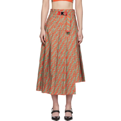 Fendi Logo-print Asymmetric Pleated Cotton Midi Skirt In Red