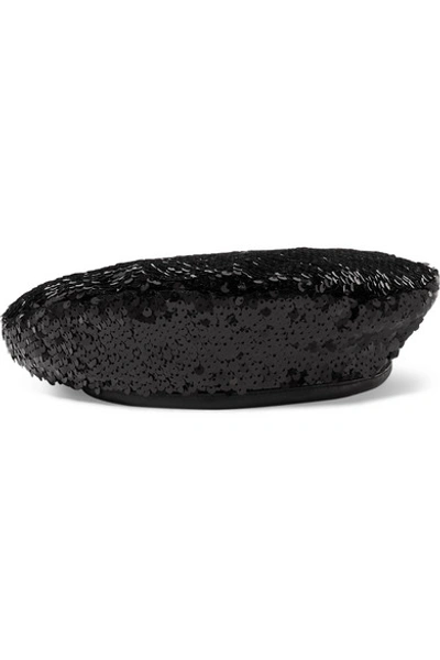 Eugenia Kim Cher Leather-trimmed Sequined Satin Beret In Black