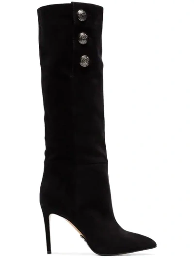 Balmain Black Jane 95 Buttoned Suede Knee High Boots - 黑色 In Black