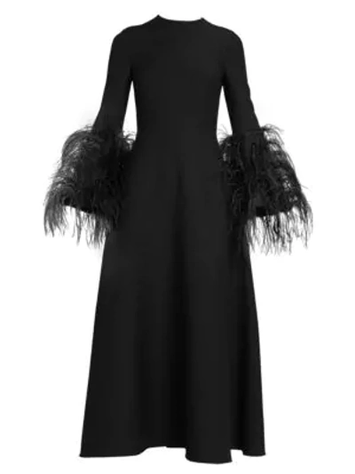 Valentino Feather-trimmed Wool And Silk-blend Maxi Dress In Black
