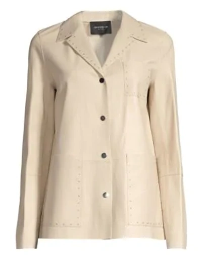 Lafayette 148 Jolisa Button-front Glazed Weightless Lambskin Leather Jacket W/ Grommets In Taupe