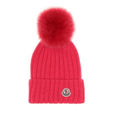 Moncler Ribbed-knit Beanie Hat W/fur Pompom In Pink