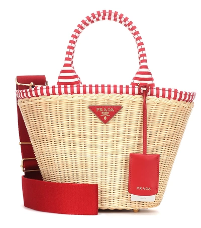 Prada Beige, White And Red Middolino Straw Basket Bag In Naturale/rosso