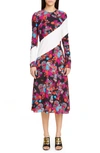 Givenchy Floral Asymmetric-striped Long-sleeve Midi Dress In Multicolor