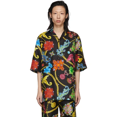 Versace Jewerly Printed Cotton Bowling Shirt In Black