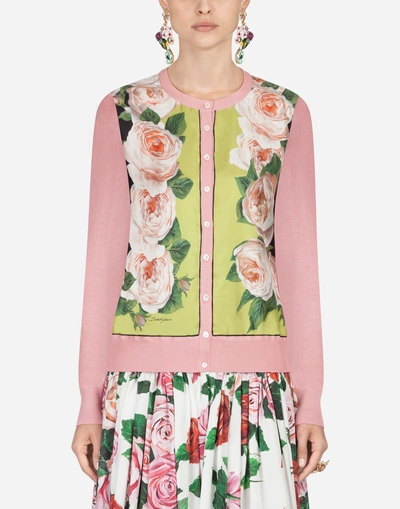 Dolce & Gabbana Floral-print Silk Twill-paneled Knitted Cardigan In Rose-grn