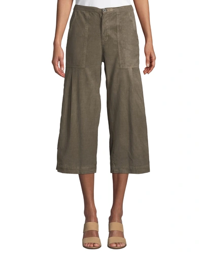 Xcvi Flicker Wide-leg Cropped Twill Trousers W/ Snap Detail In Wren Pigment