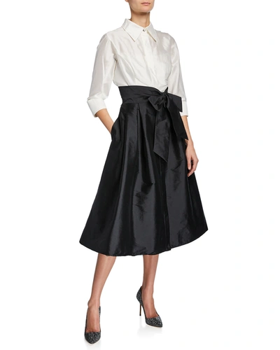 Rickie Freeman For Teri Jon Two-tone 3/4-sleeve Taffeta Shirtdress In Black/white