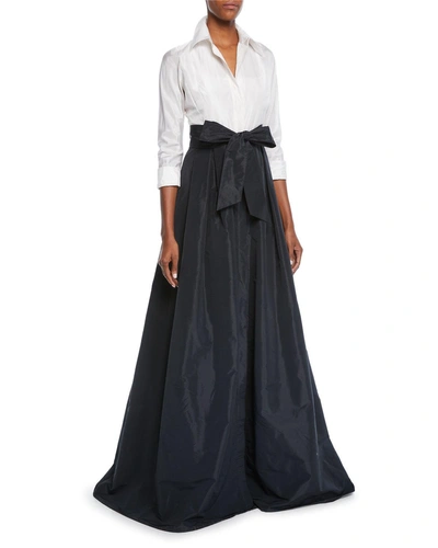Rickie Freeman For Teri Jon Two-tone 3/4-sleeve Taffeta Shirtdress Gown In Black/white