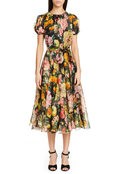 Dolce & Gabbana Puffed-sleeve Belted Floral-chiffon Midi Dress In Red Floral