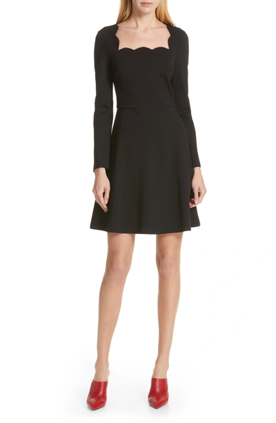 Kate Spade Square-neck Long-sleeve Scallop Ponte Dress In Black