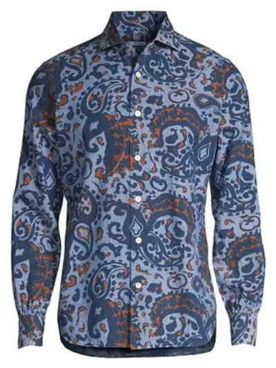 Kiton Paisley Button-down Cotton Shirt In Blue