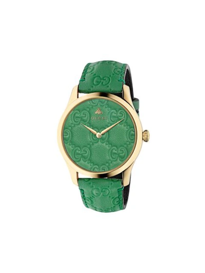 Gucci G-timeless Gold Pvd Case 38mm Pastel Green Leather Strap Watch In Undefined