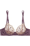 COCO DE MER + V & A GOLDEN PEACOCK EMBROIDERED STRETCH-TULLE AND SILK-SATIN UNDERWIRED PLUNGE BRA