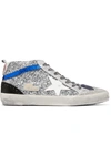 GOLDEN GOOSE MID STAR GLITTERED DISTRESSED LEATHER AND SUEDE SNEAKERS