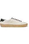 SAINT LAURENT COURT CLASSIC LEATHER-TRIMMED LOGO-EMBROIDERED DISTRESSED CANVAS SNEAKERS