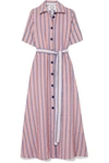 EVI GRINTELA VALERIE BELTED STRIPED LINEN AND COTTON-BLEND MIDI DRESS