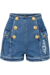 BALMAIN BUTTON-EMBELLISHED DISTRESSED DENIM SHORTS