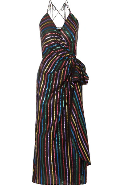 Attico Metallic Striped Jacquard Wrap Dress In Black