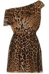 SAINT LAURENT ONE-SHOULDER RUFFLED LEOPARD-PRINT SILK-CHIFFON MINI DRESS