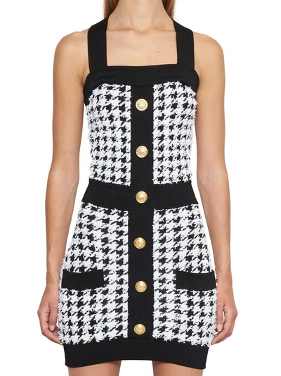 Balmain Pied De Poule Dress With Buttons In Black&white 