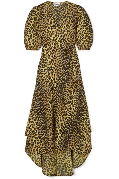 Ganni Leopard-print Cotton-poplin Wrap Dress In Brown
