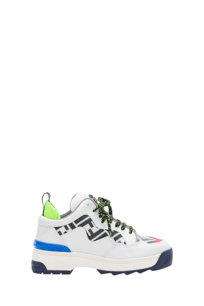 Fendi T-rex White Leather Sneakers In Bianco Nero Giallo Fluo