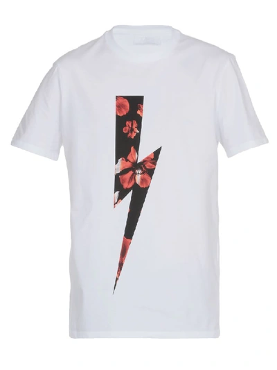 Neil Barrett Floral Lightning Bolt-print Cotton-blend T-shirt In White/red