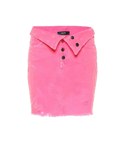 Amiri Fold Over Destroyed Cotton Denim Skirt In Pink