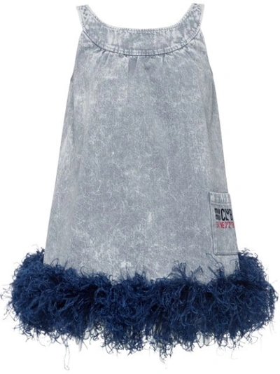 Miu Miu Feather-trimmed Embroidered Denim Mini Dress In Grey