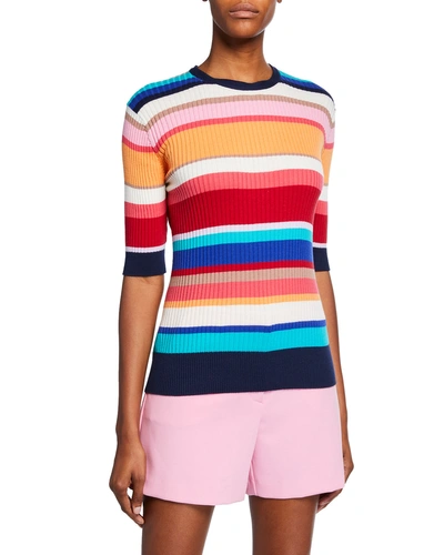 Trina Turk Agent Striped Elbow-sleeve Ribbed Cotton Sweater In Multi