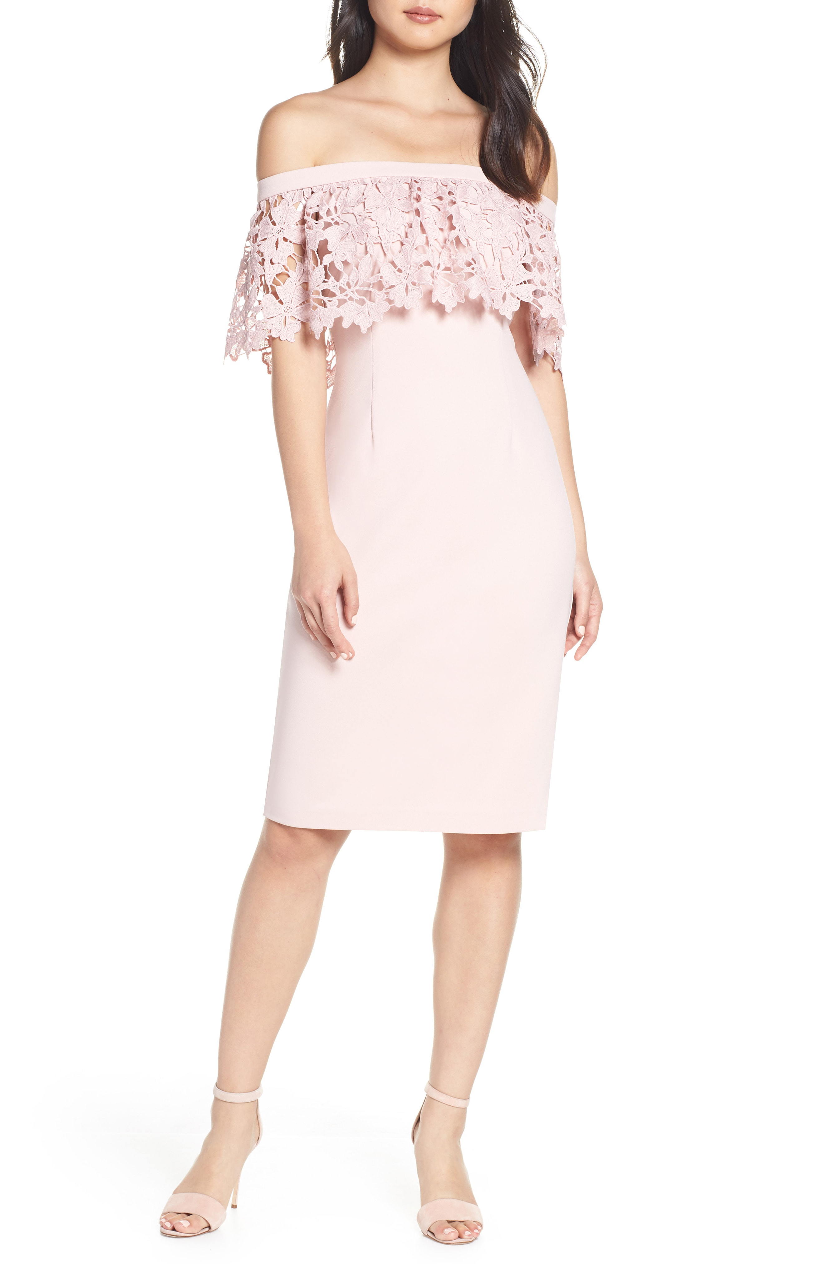 eliza j off the shoulder ruffle sheath dress