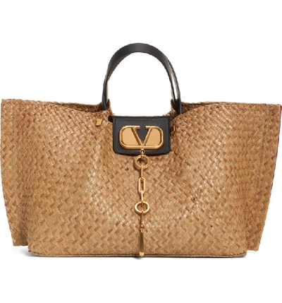 Valentino Garavani Medium Vlogo Woven Straw Tote In Naturale / Nero/ Rouge Pur