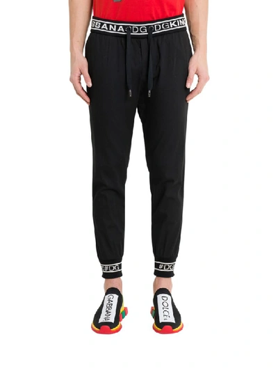 Dolce & Gabbana Stretch Jogging Trousers With Wool Jacquard Inserts In Nero