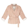 PAISIE Striped Double Breasted Blazer With Adjustable Sleeves With Self Belt In Dusty Pink And White