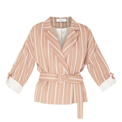 Paisie Striped Double Breasted Blazer With Adjustable Sleeves With Self Belt In Dusty Pink And White