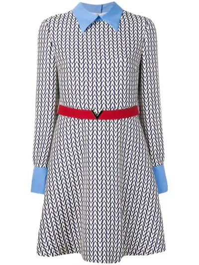 Valentino Belted Poplin-trimmed Printed Wool And Silk-blend Mini Dress In Almond Pure Blue