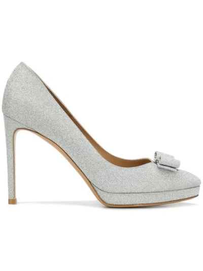 Ferragamo Osimo Bow Platform Glitter Leather Pumps In Silver