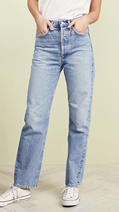 Agolde Light Blue Cropped Denim Pants With Frayed Hem