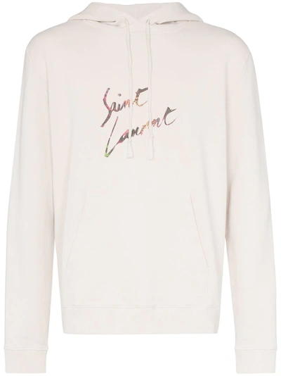 Saint Laurent Logo Print Hooded Cotton Jumper - 大地色 In Neutrals