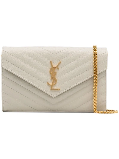 Saint Laurent Monogram Chevron-quilted Chain Wallet In Neutrals