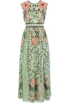 ANNA SUI ANNA SUI WOMAN EMBELLISHED PLEATED PRINTED FIL COUPÉ SILK-BLEND MAXI DRESS SAGE GREEN,3074457345620163477