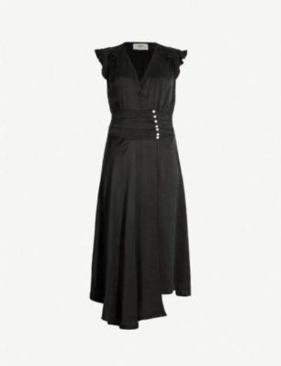 Ba&sh Coralie Ruffled Asymmetric Satin Midi Dress In Black