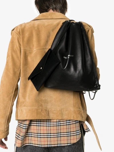 Saint Laurent Black Drawstring Logo Print Leather Backpack
