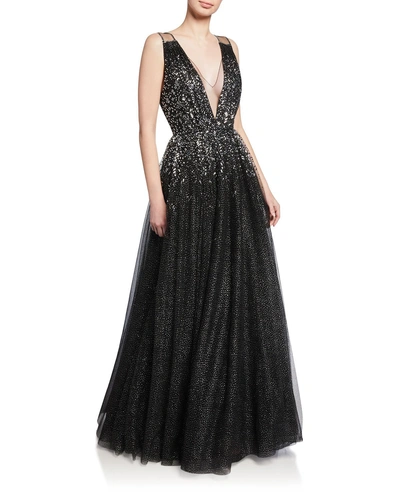 Jenny Packham Samar Crystal-embellished Glittered Tulle Gown In Black