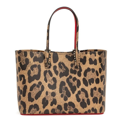 Christian Louboutin Cabata Spiked Leopard-print Textured-leather Tote In Brown/beige