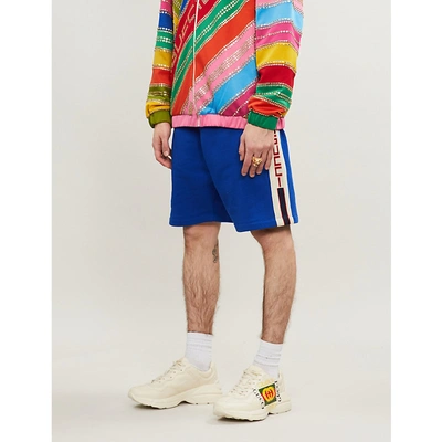 Gucci Wide-leg Logo Webbing-trimmed Loopback Cotton-jersey Shorts In Blue