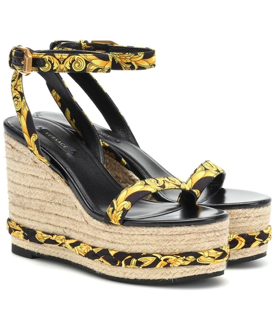 Versace Tribute Baroque Print Ankle Strap Straw Wedges  In Yellow