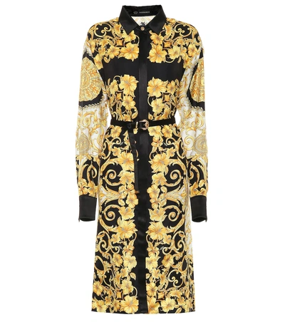 Versace Button-down Baroque Print Belted Silk Midi Dress In Yellow